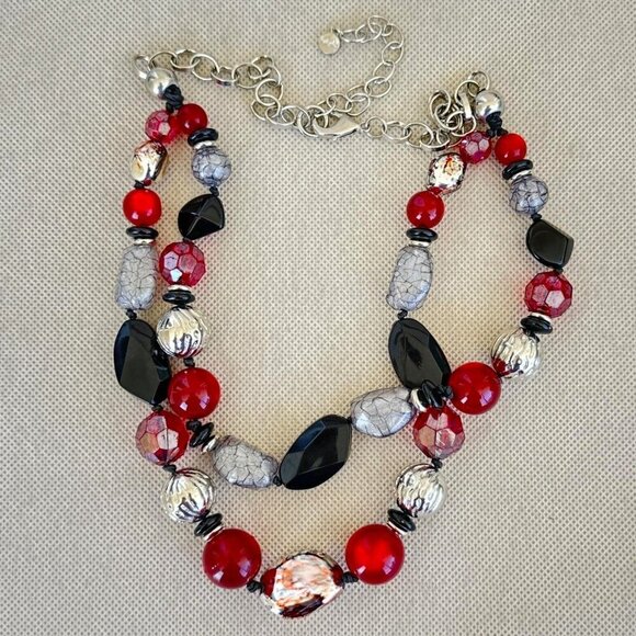 Ruby Rd Necklace Double Strand Chunky Statement Black Red Silver Gray Adjustable - Picture 3 of 3
